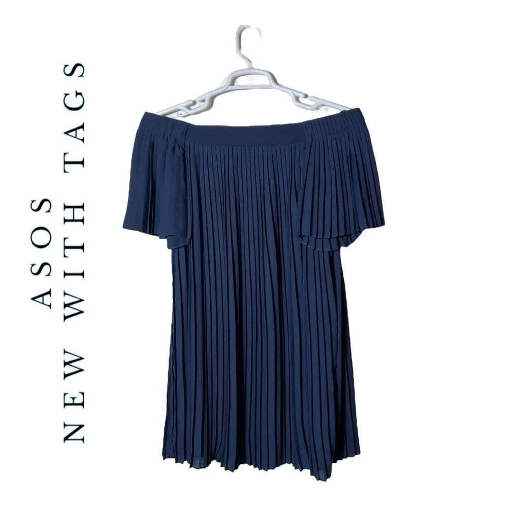 1845. ASOS PLEATED OFF SHOULDER ACCORDION MINI DRESS SIZE 4 SOLID NAVY BLUE